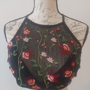 Xhilaration Black Floral Embroidered Crop Top